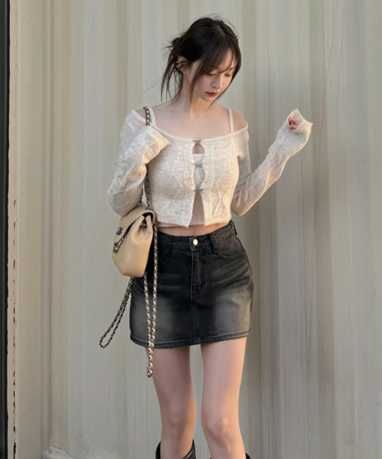 골반볼륨업 흑청 하이라이트 워싱 반 하이웨스트 치마바지_골반뽕 치마