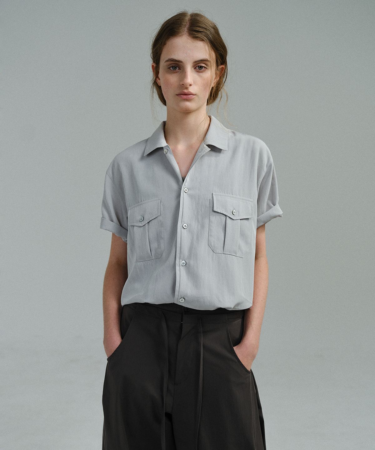 아우브아워(AUBOUR) wrinkled lapel shirts (dusty sky)