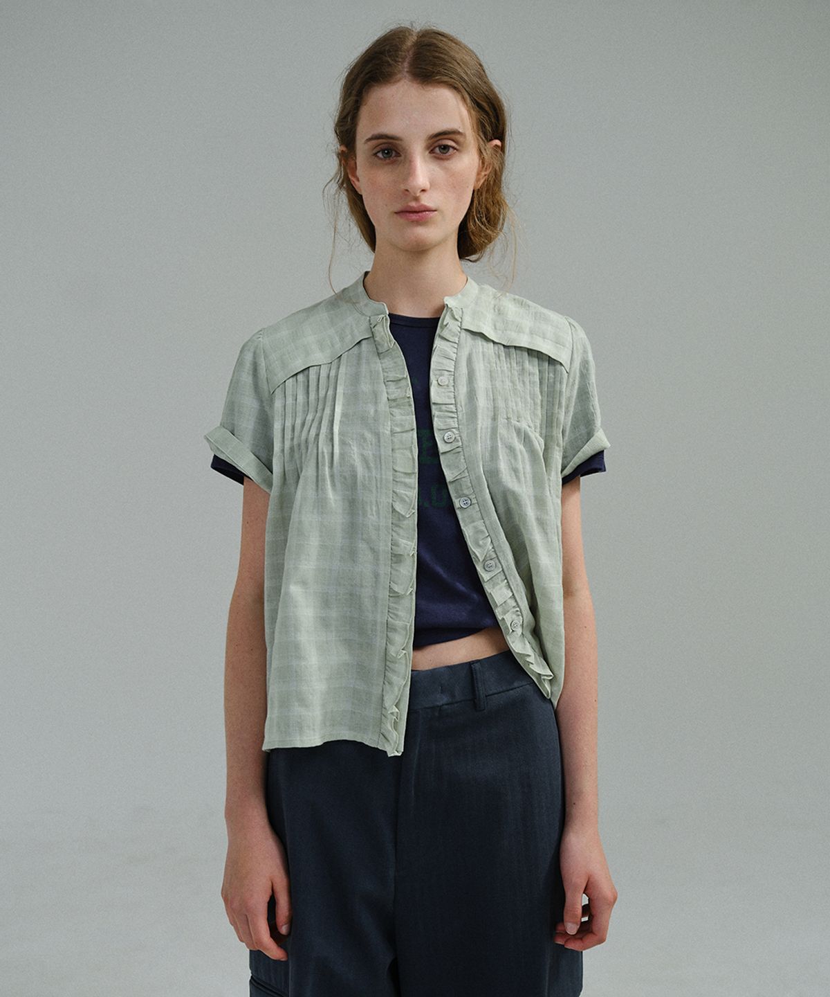아우브아워(AUBOUR) lace cap blouse (mint check)