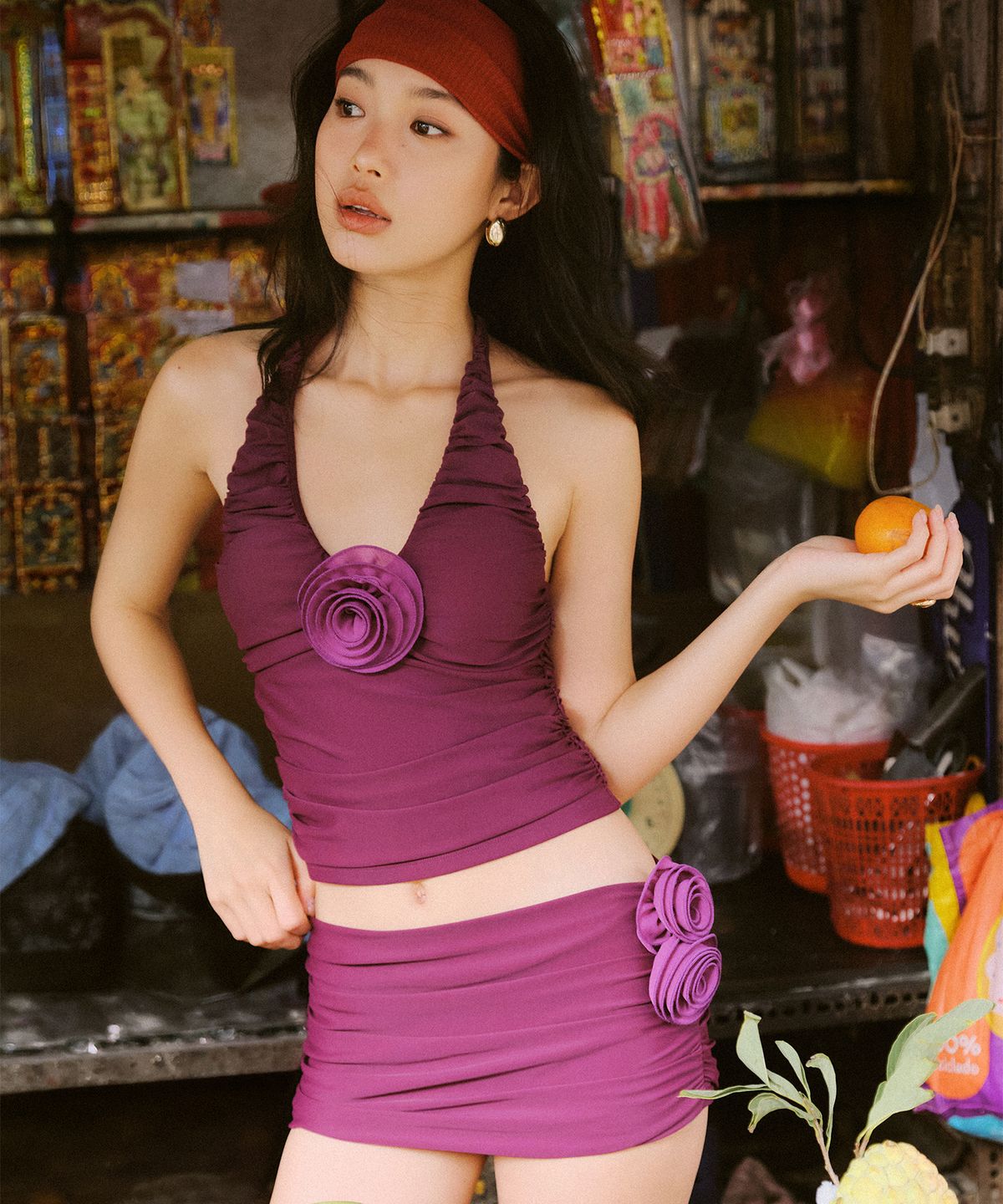 니나코스타(NINACOSTA) ROSETTE SHIRRING SWIM SKIRT_Plum
