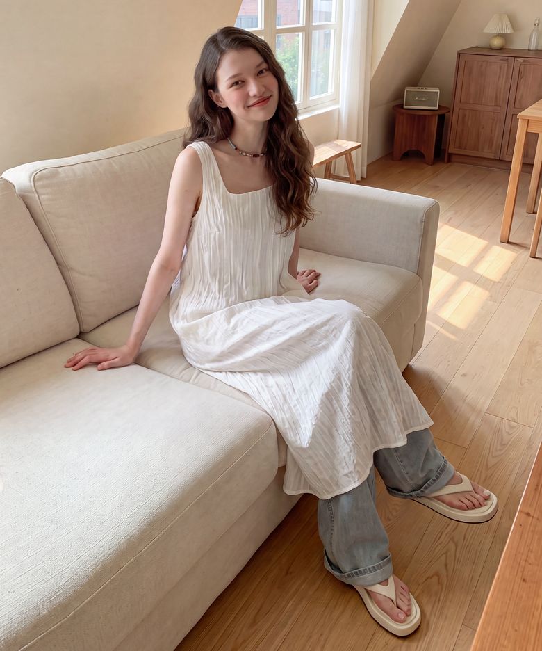 Crinkle Sleeveless Dress, WHITE