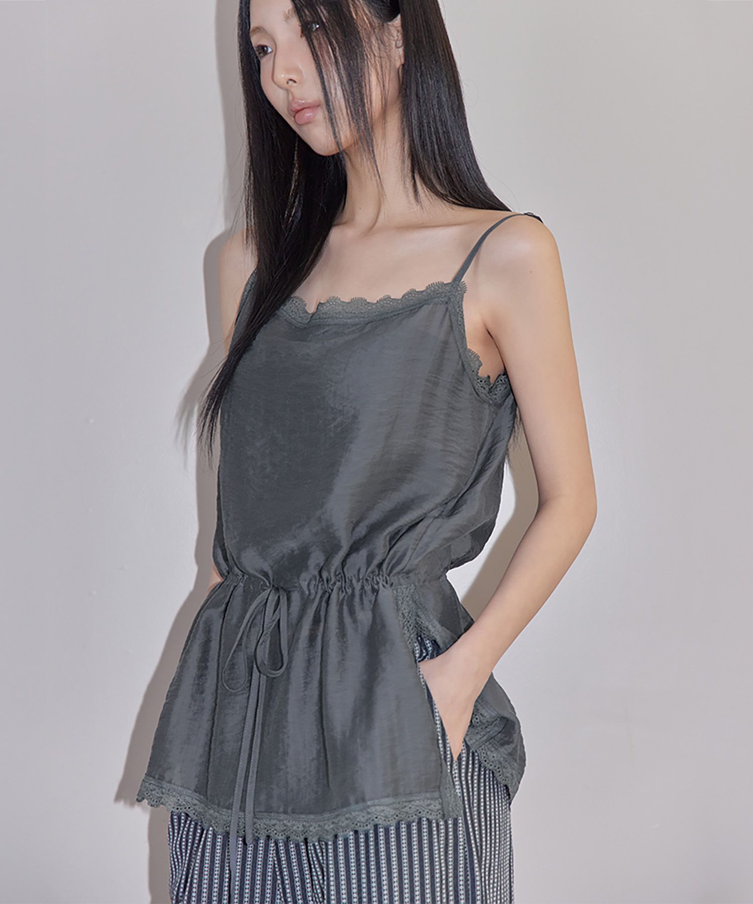 MUSINSA | LONDONDADA Airy Sheer Lace Sleeveless Top, GREY