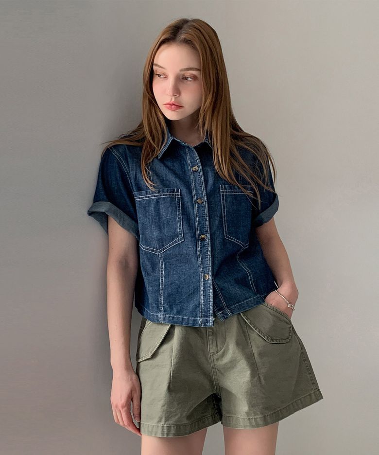 Stitch Short Sleeve Denim Shirt (2colors)