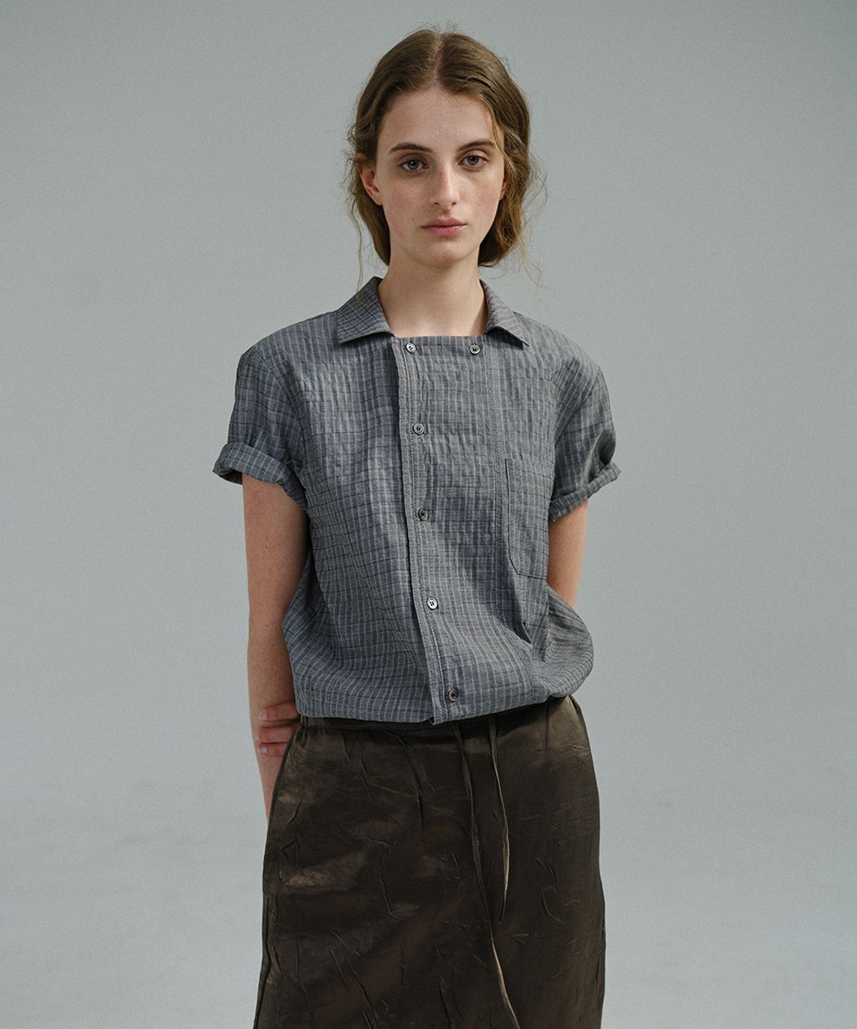 아우브아워(AUBOUR) overlap check shirt (grey)