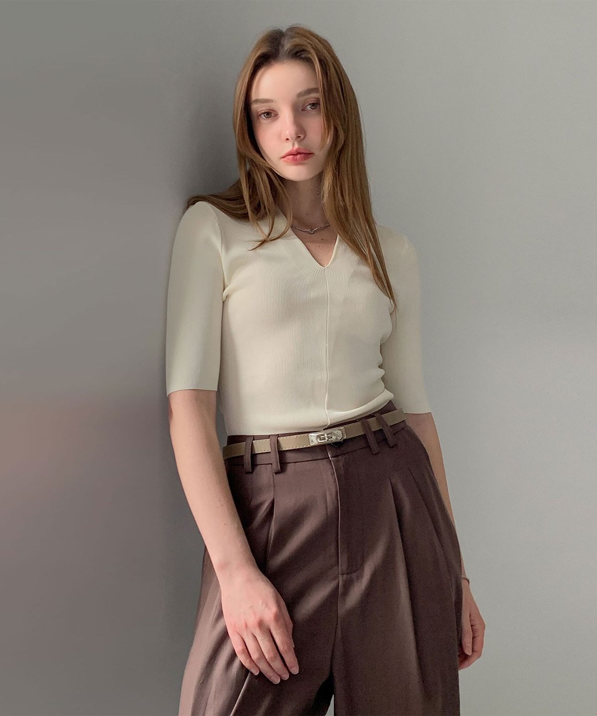 바스카라(VASCARA) Deep V-neck Ribbed Short Sleeve Knit (5colors)