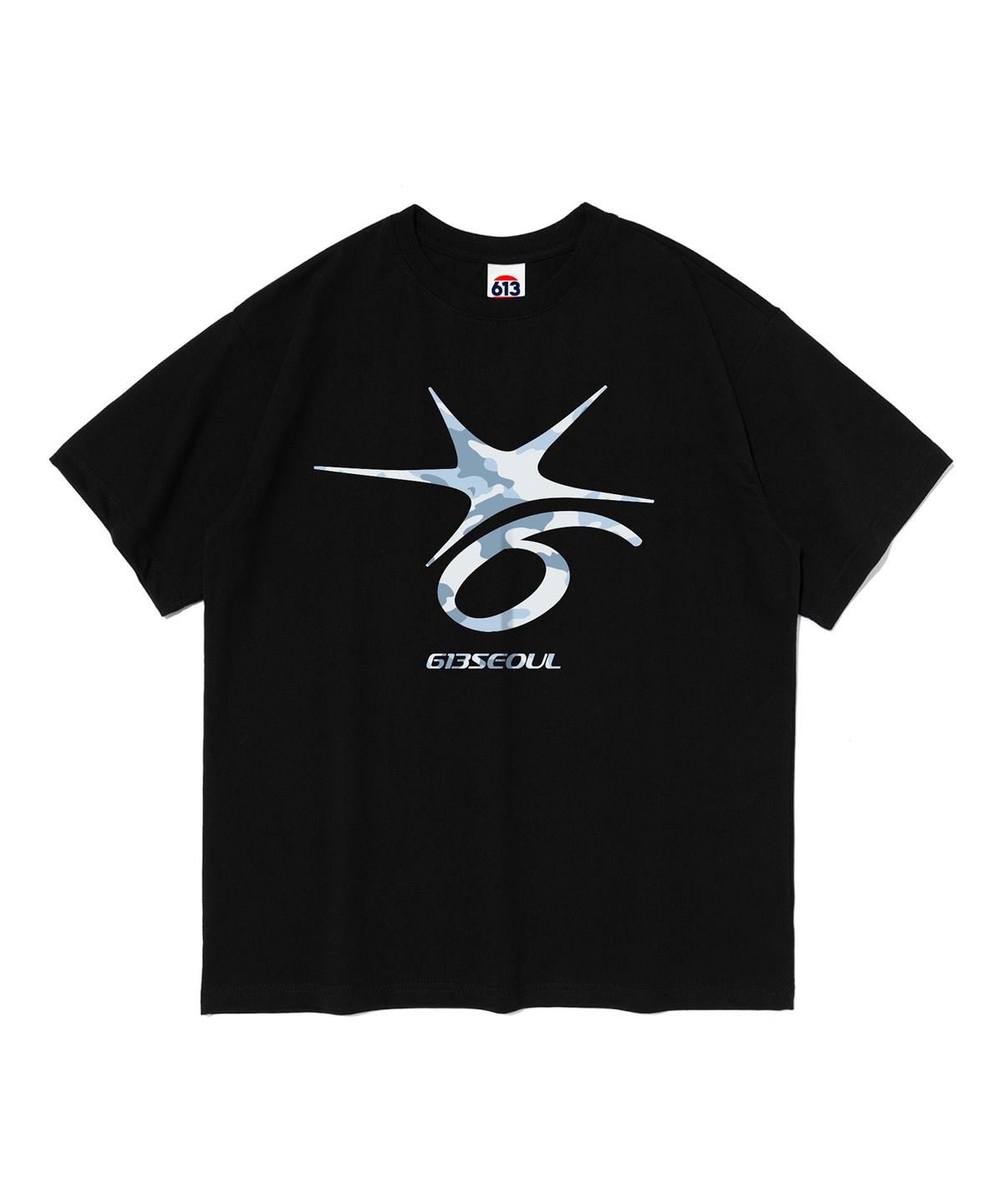 613서울(613SEOUL) 크랙 식스 포인트 로고 반팔 티셔츠 (블랙/카모)