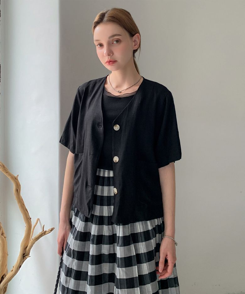 Collarless V-neck Linen Short Sleeve Jacket (3colors)