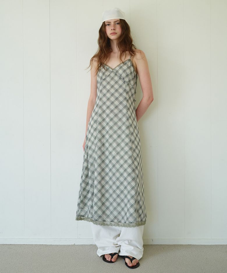 CHECK SHEER SLIM LONG ONE PIECE GREEN