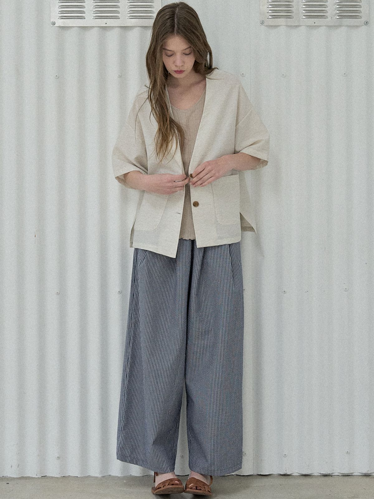 아방(AVANT-G) Linen Short Sleeve Cardigan Jacket - OATMEAL
