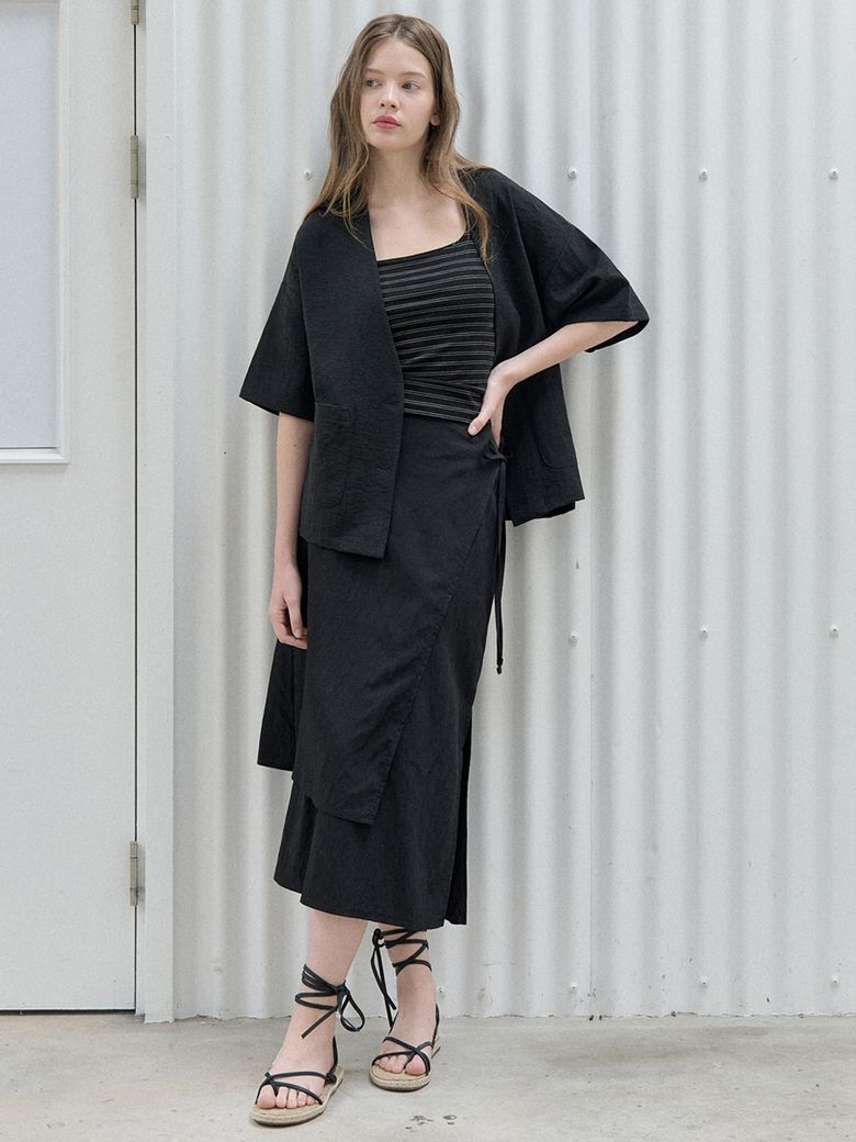 Linen Short Sleeve Cardigan Jacket - BLACK