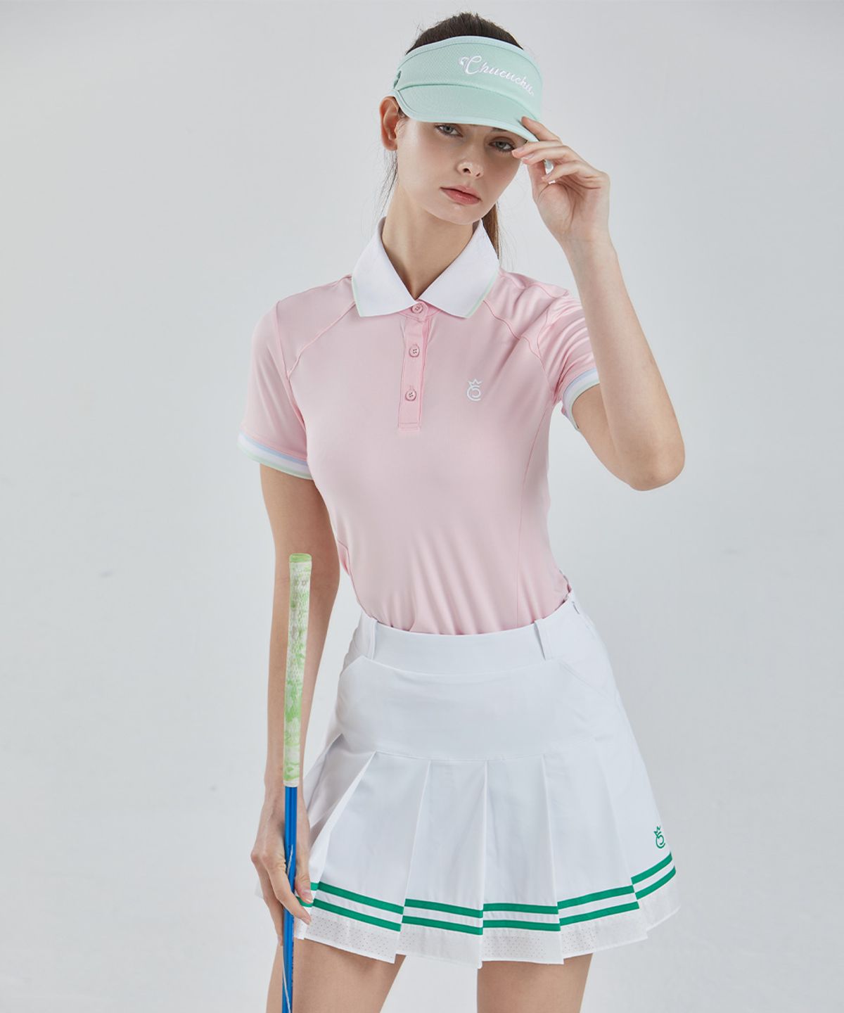 츄쿠츄(CHUCUCHU) 라인 백 메쉬 카라 숏 슬리브 탑 (PINK) CBFSS-TS006W