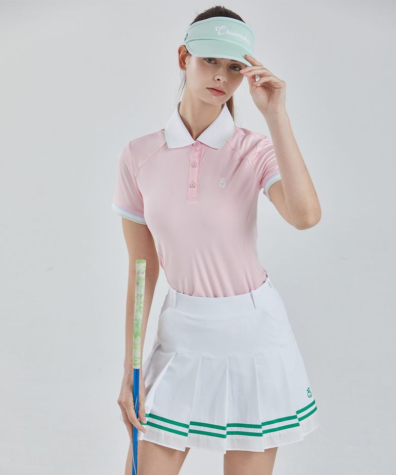 라인 백 메쉬 카라 숏 슬리브 탑 (PINK) CBFSS-TS006W
