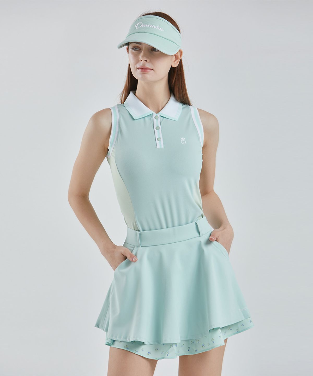 츄쿠츄(CHUCUCHU) 쿨링 카라 슬리브리스 탑 (LIGHT GREEN) CBFSS-TS010W