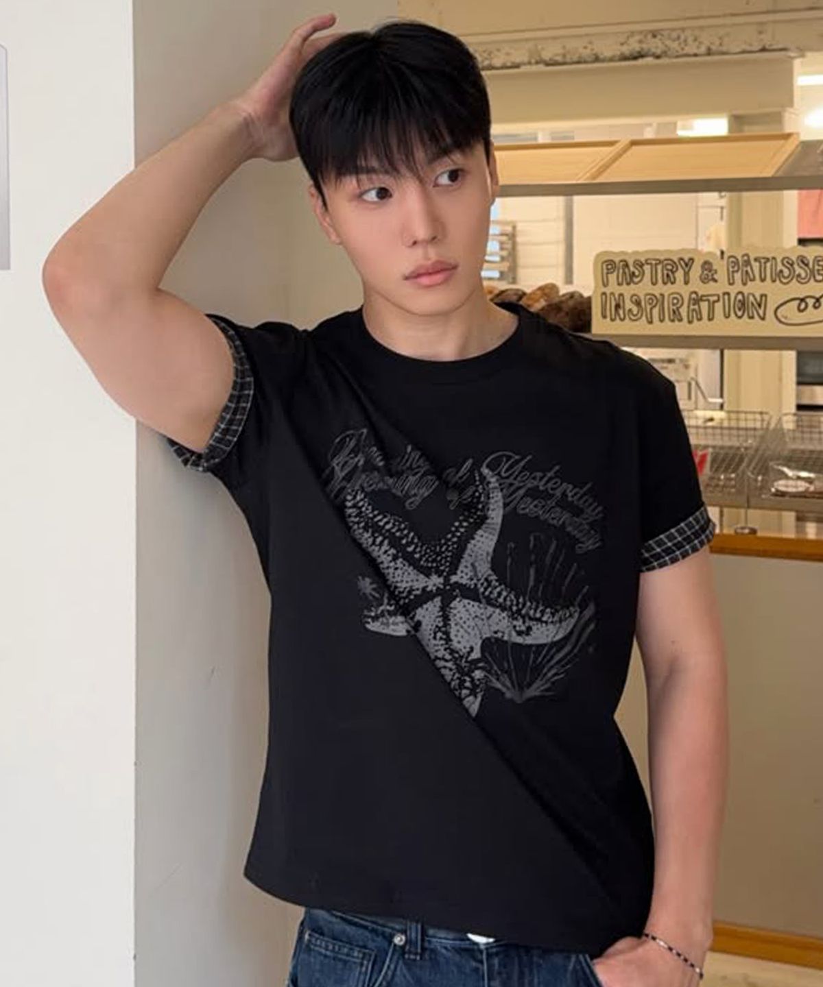 레더리(LEATHERY) [크롭] 오션 헤이즈 롤업 반팔 티셔츠 [BLACK]