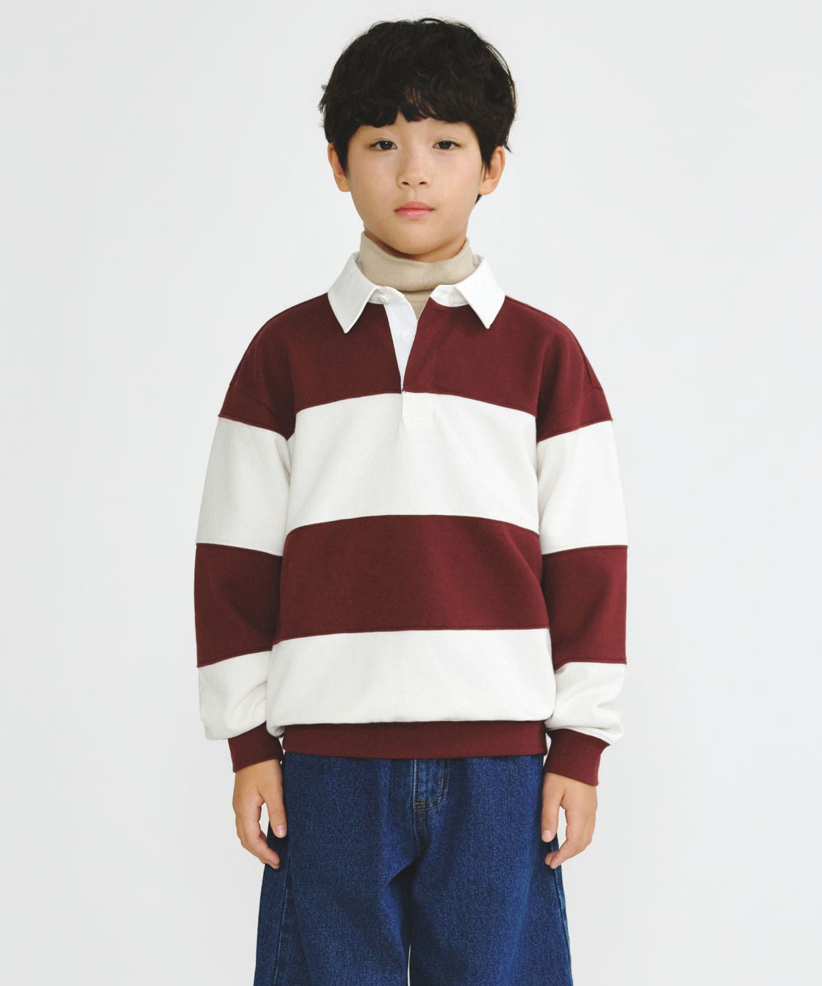 무신사 스탠다드 키즈(MUSINSA STANDARD KIDS) 오버사이즈 스트라이프 럭비 스웨트셔츠 [버건디/크림]
