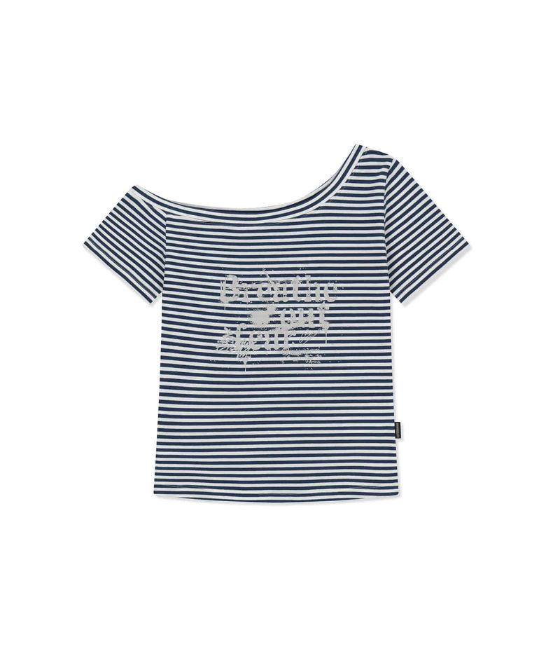 W STRIPE ONE SHOULDER TEE - NAVY