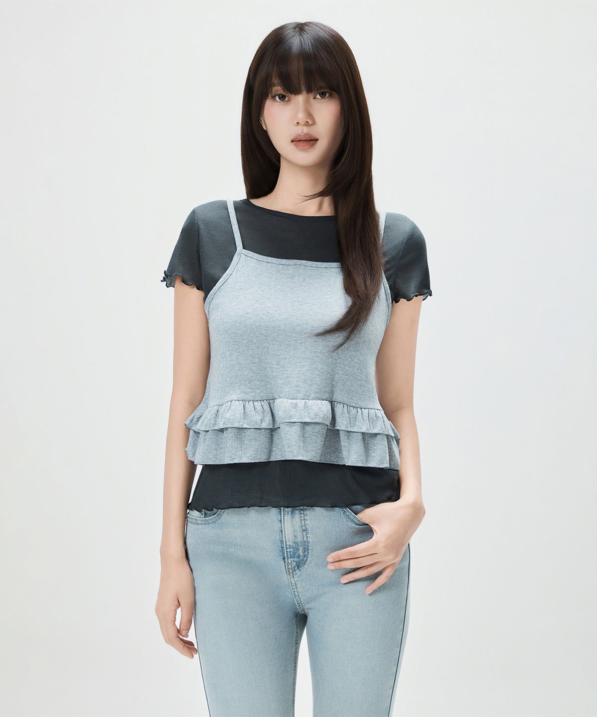 미쏘(MIXXO) 프릴 레이어드 반팔 티셔츠 RE LWG40SS_MIWHWG74RA