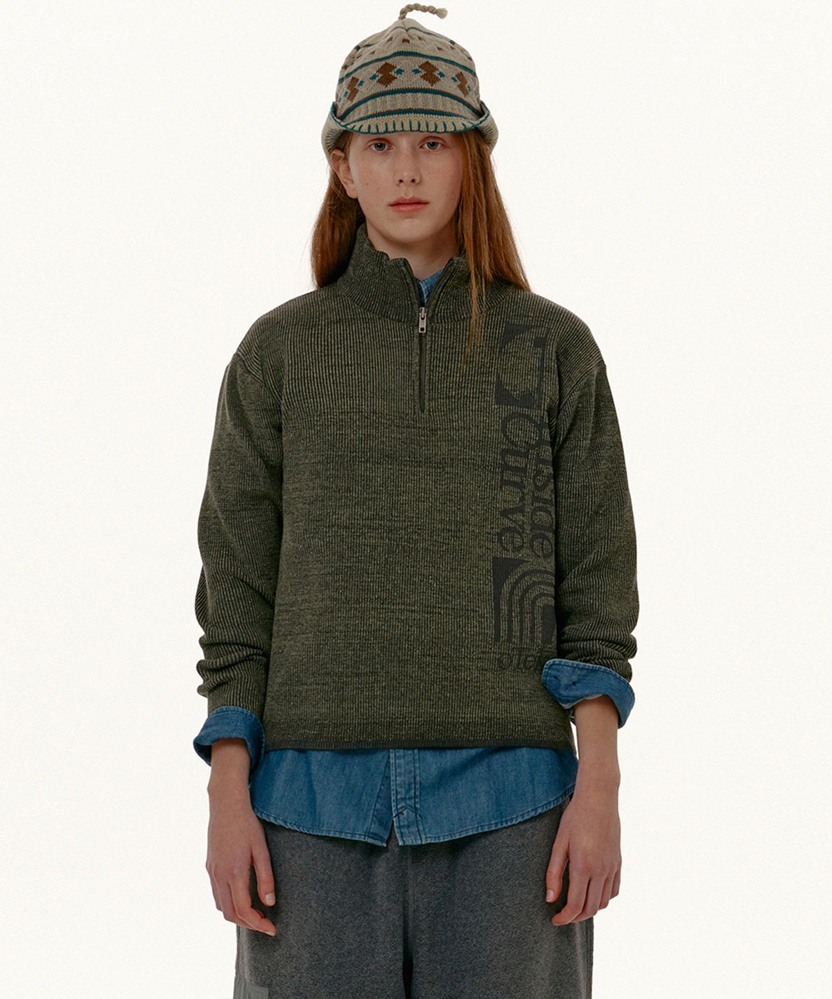 테켓(TEKET) Convex Half Zip-Up Knit Khaki