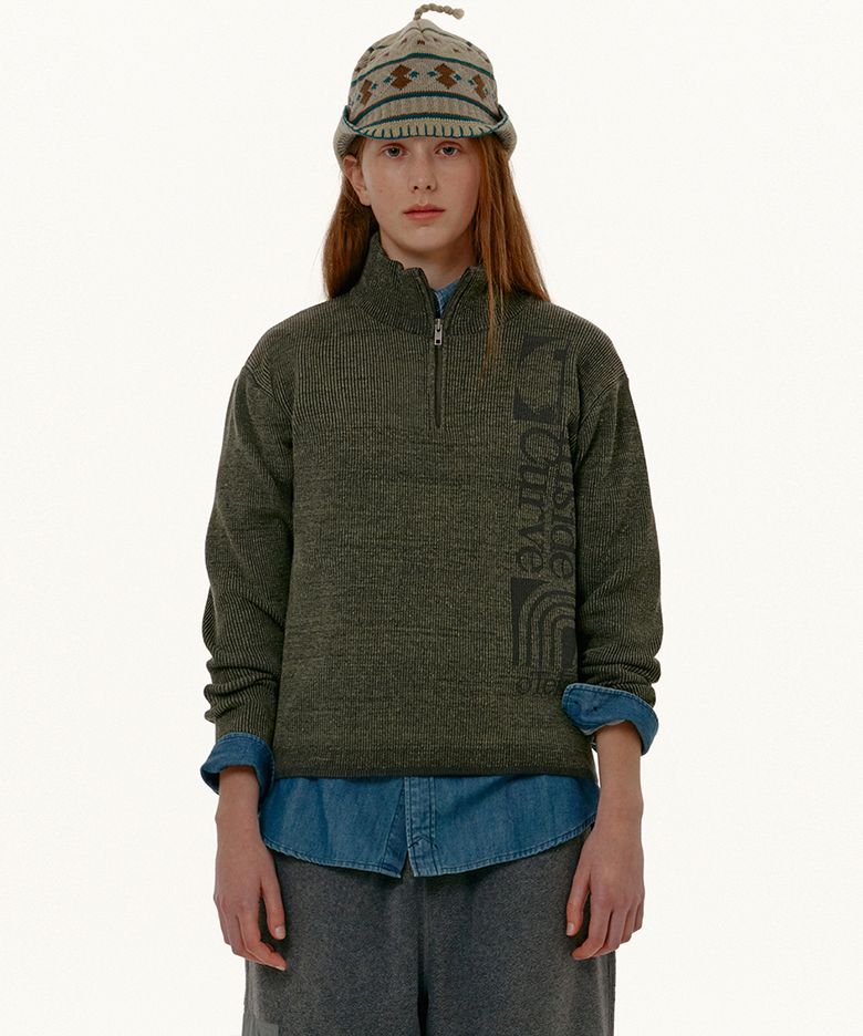 Convex Half Zip-Up Knit Khaki