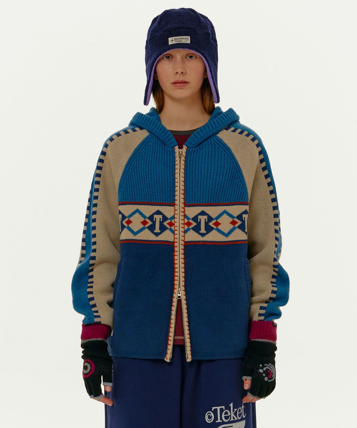 테켓(TEKET) T Argyle Knit Zip-Up Hoodie Blue