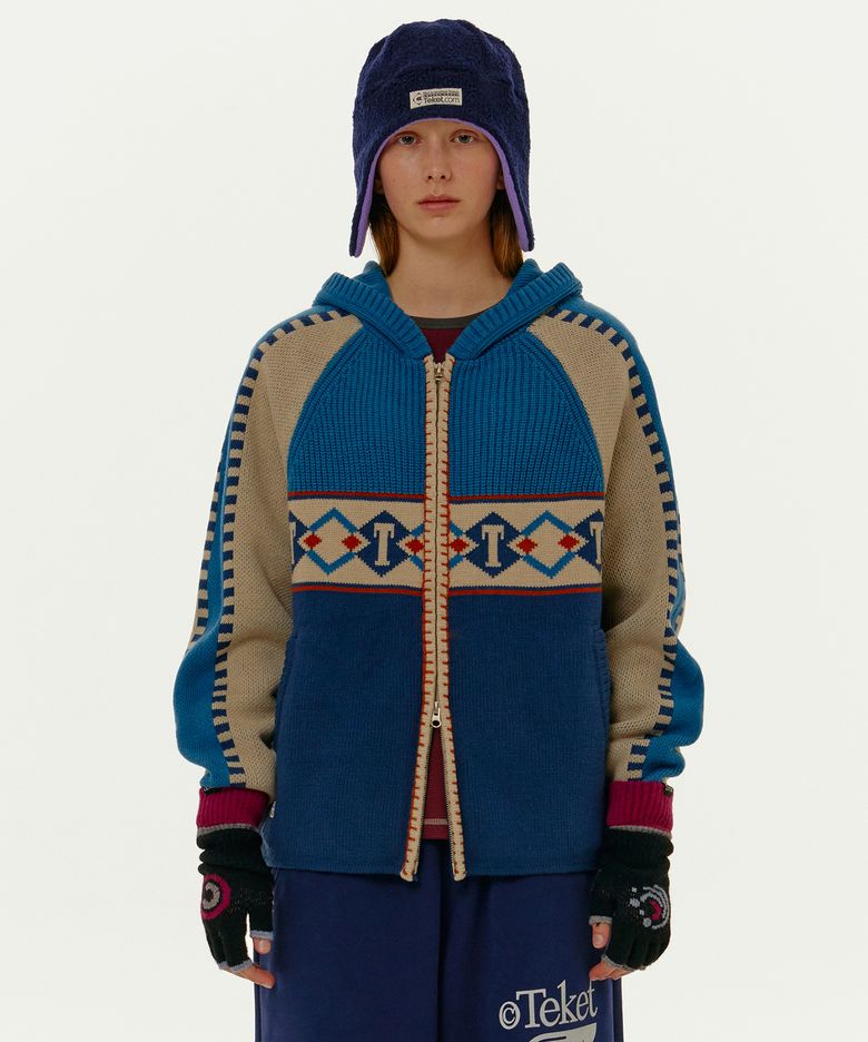 T Argyle Knit Zip-Up Hoodie Blue