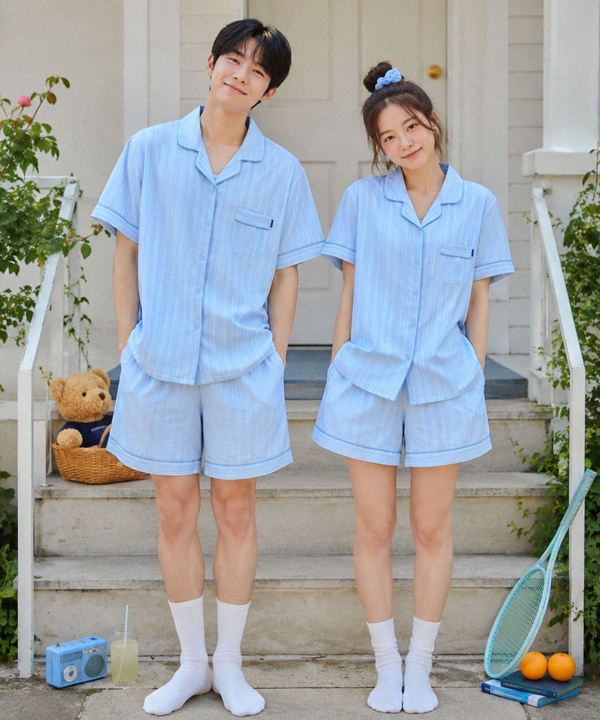 파란(PALAN) 모먼트 요루면 스트라이프 커플 반팔잠옷 세트 여름 시원한 파자마