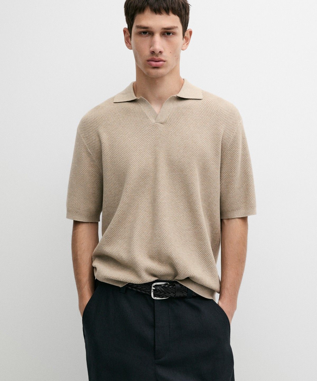 마시모두띠(MASSIMO DUTTI) 코튼 블렌드 브이넥 니트 폴로 셔츠