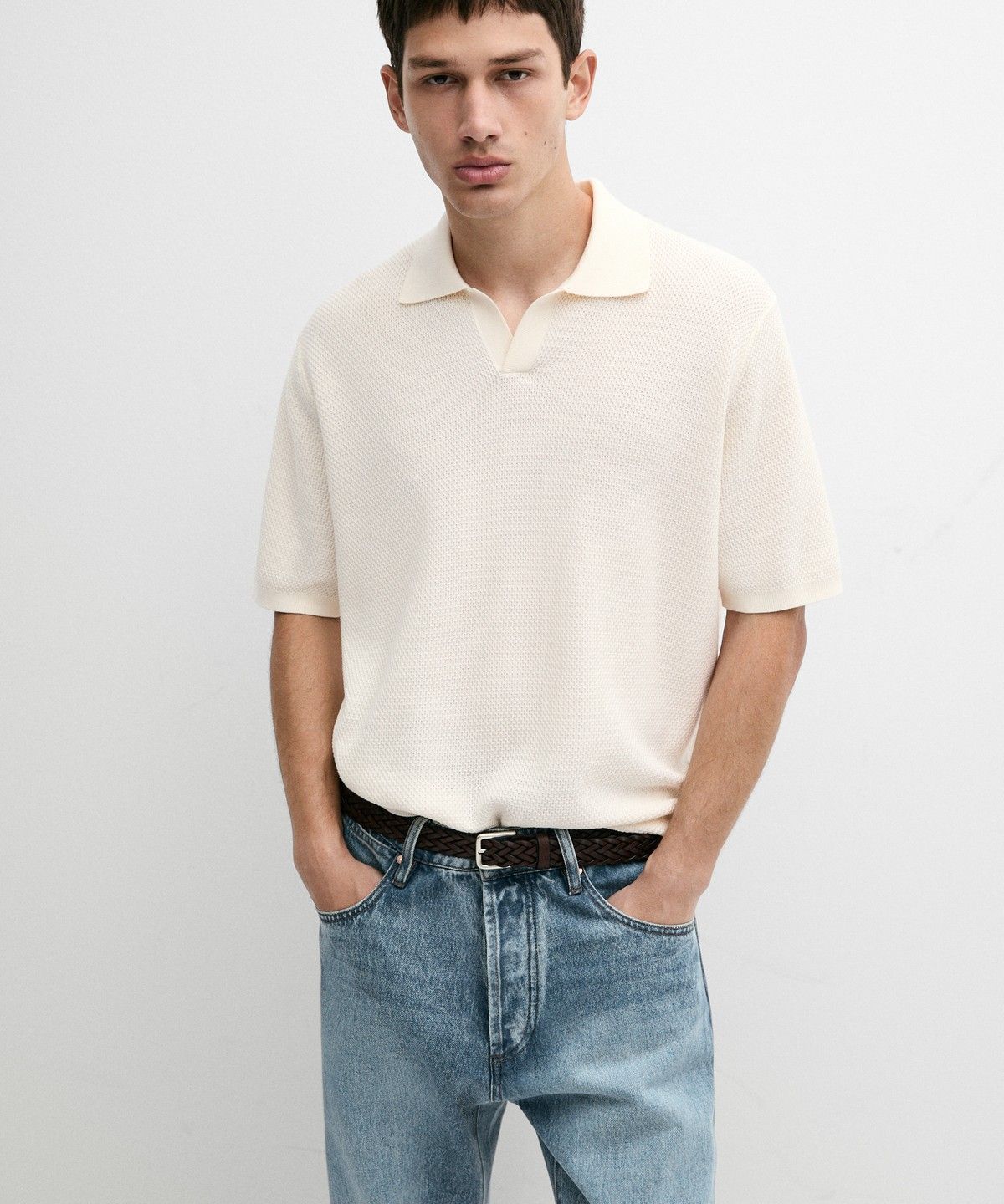 마시모두띠(MASSIMO DUTTI) 코튼 블렌드 브이넥 니트 폴로 셔츠
