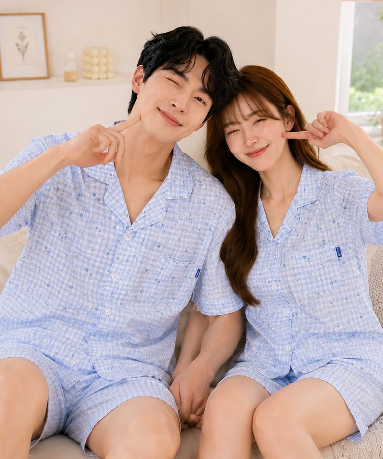 퓨어블룸 요루면 체크 커플 반팔잠옷 세트 여름 시원한 파자마