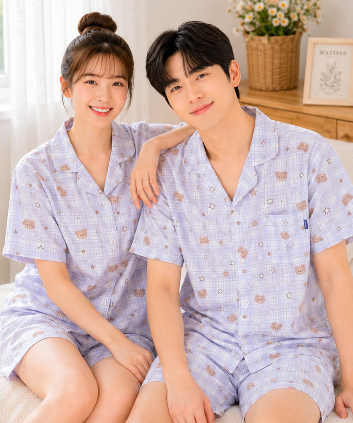 파란(PALAN) 베어리나잇 요루면 체크 커플 반팔잠옷 세트 여름 시원한 파자마