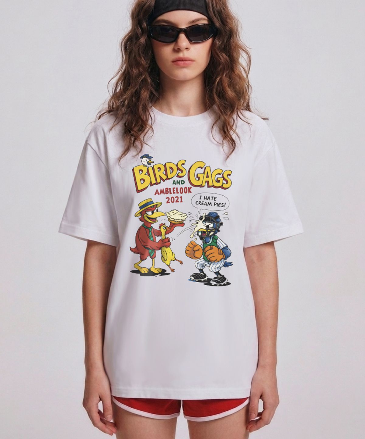 엠블룩(AMBLELOOK) 프리미엄 면스판 라운드 반팔티 BIRDS GAGS (4color)