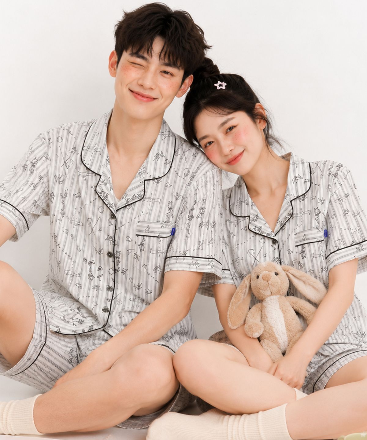 파란(PALAN) 지오 요루면 스트라이프 커플 반팔잠옷 세트 여름 시원한 파자마