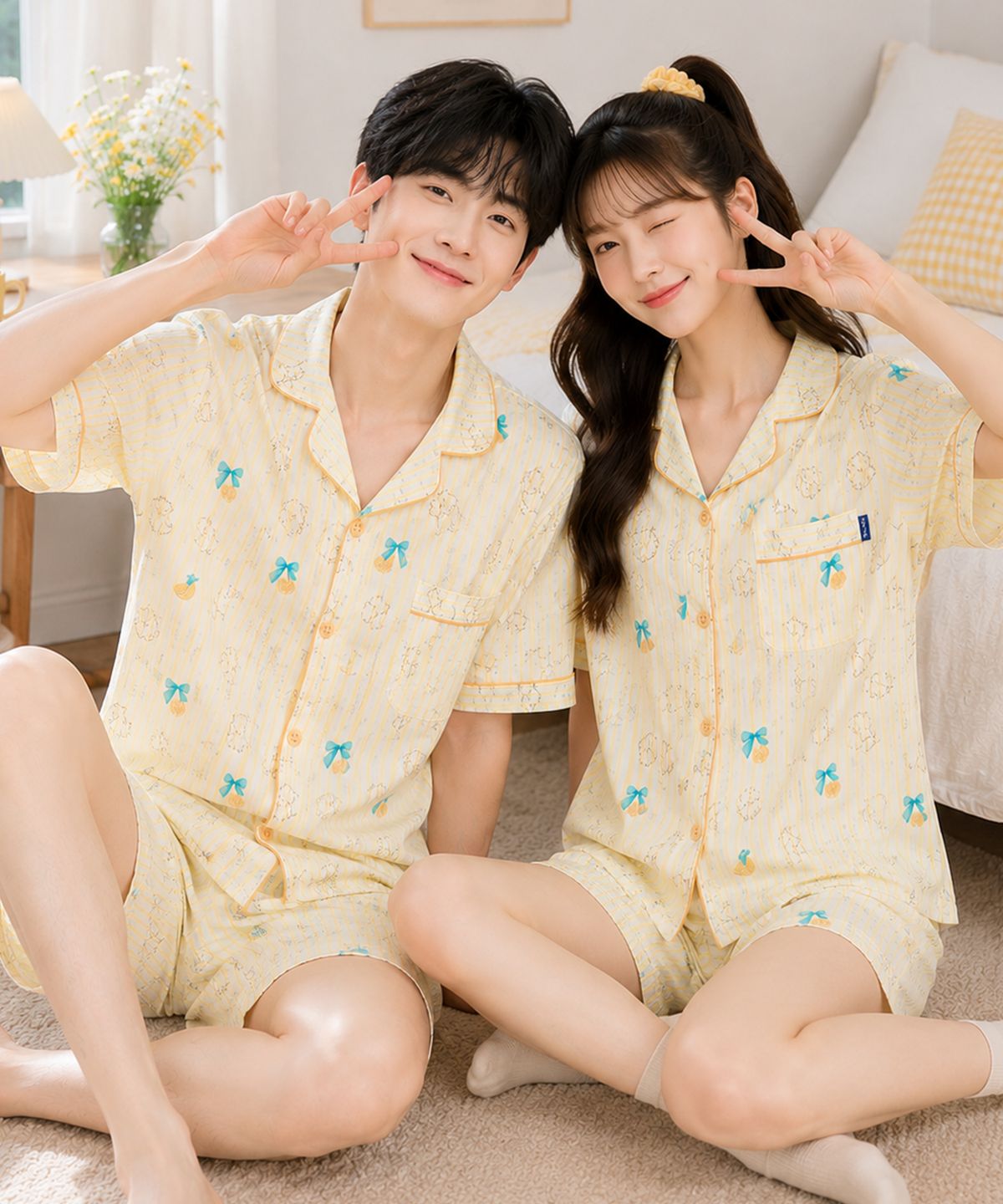 파란(PALAN) 썬샤인버디 요루면 스트라이프 커플 반팔잠옷 세트 여름 시원한 파자마