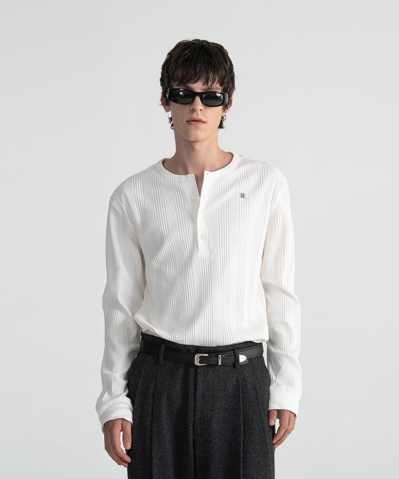 COTTON RIBBED LONG SLEEVES HENLEY NECK - WHITE