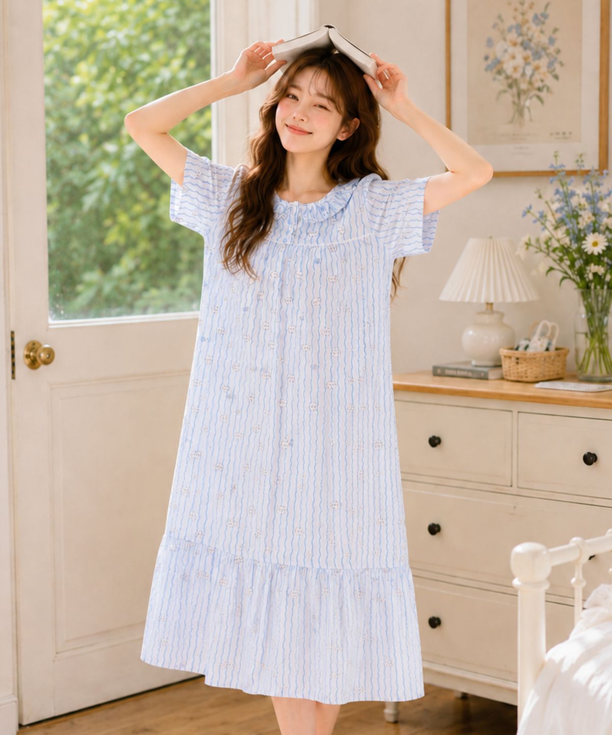 파란(PALAN) 블루버디 요루면 반팔 원피스 여성 잠옷 여름 시원한 파자마 홈웨어
