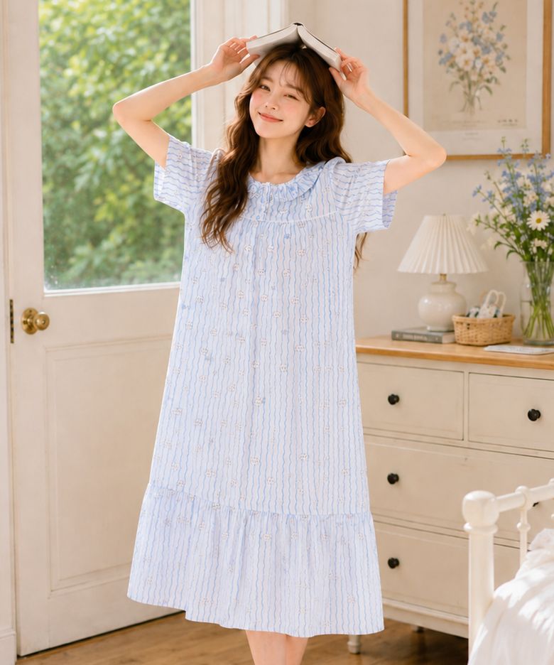 블루버디 요루면 반팔 원피스 여성 잠옷 여름 시원한 파자마 홈웨어