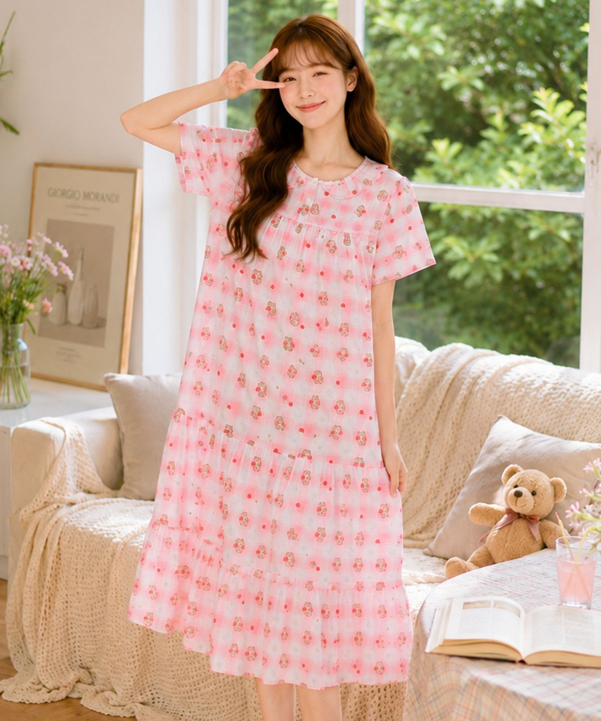파란(PALAN) 하트베어 요루면 반팔 원피스 여성 잠옷 여름 시원한 파자마 홈웨어
