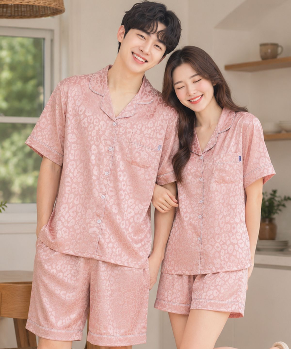 파란(PALAN) 실크에어 레오파드 커플 반팔잠옷 여름 파자마 상하의 세트