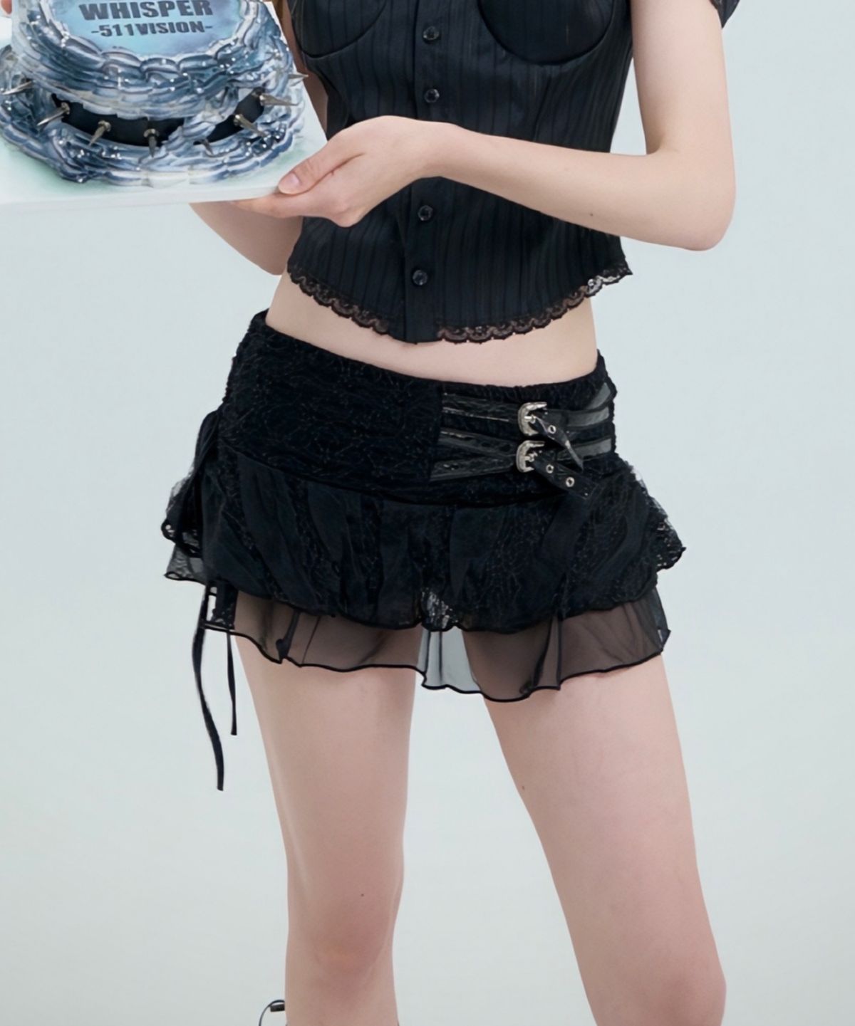 511비전(511VISION) MISTY BELT LACE MICRO SKIRT, BLACK
