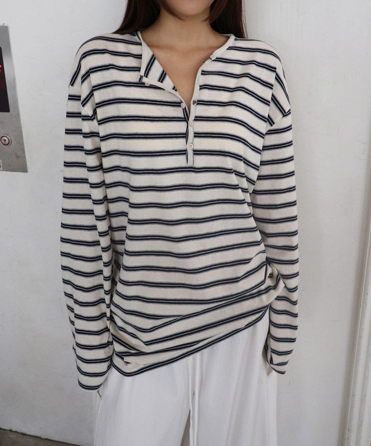 랑거(LANGER) [PLC] stripe half open round t-shirt_3Colors