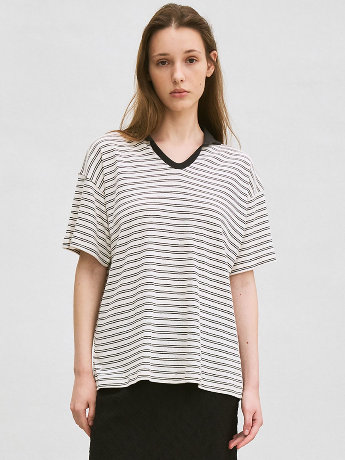 르(LE) striped polo-collar T-shirt (ivory)