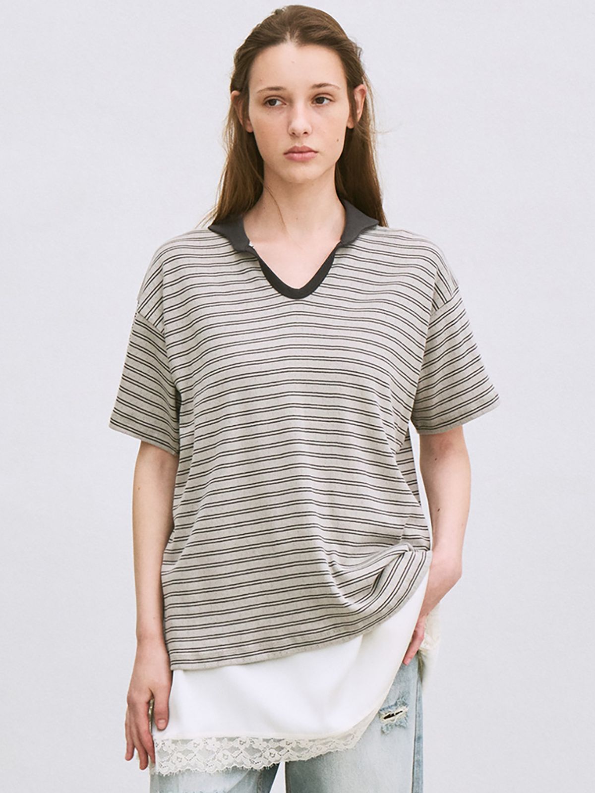 르(LE) striped polo-collar T-shirt (gray)