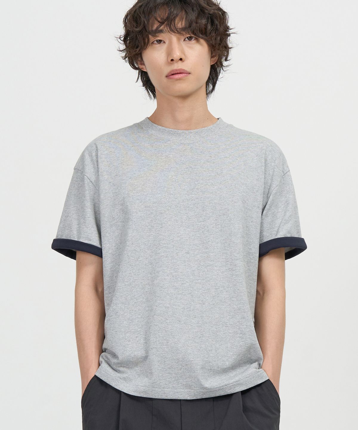 엑스컨테이너(EXCONTAINER) 슬리브 레이어드 크롭 하프 티셔츠 (MELANGE GREY)