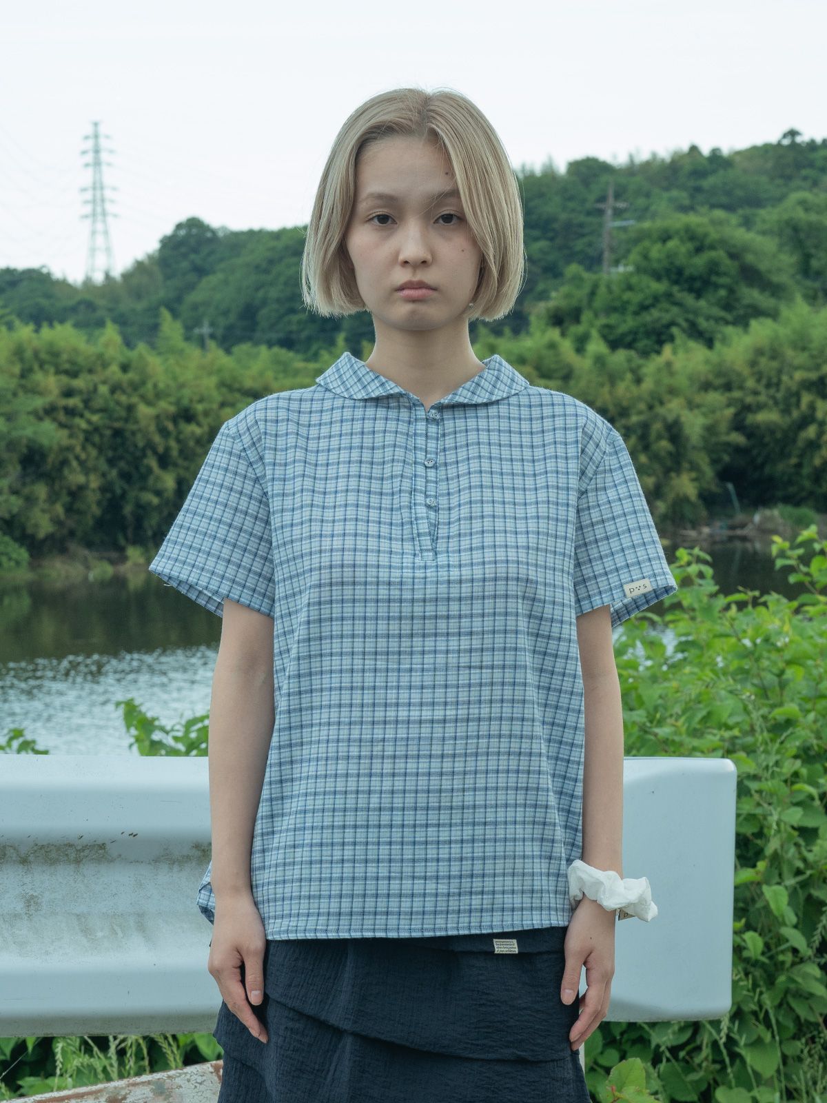 피브스피브스(PEEVES PEEVES) Round Collar Check Blouse / Blue