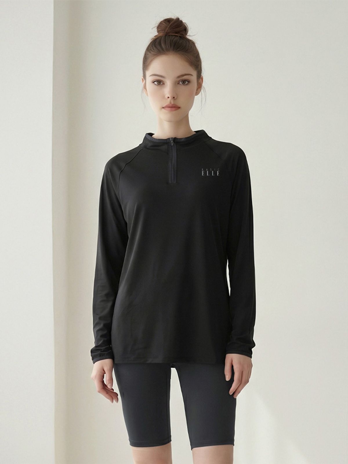 베이직엘르(BASIC ELLE) 여성인 블랙 반집업 래쉬가드 워터레깅스 세트 BEL-Z205K