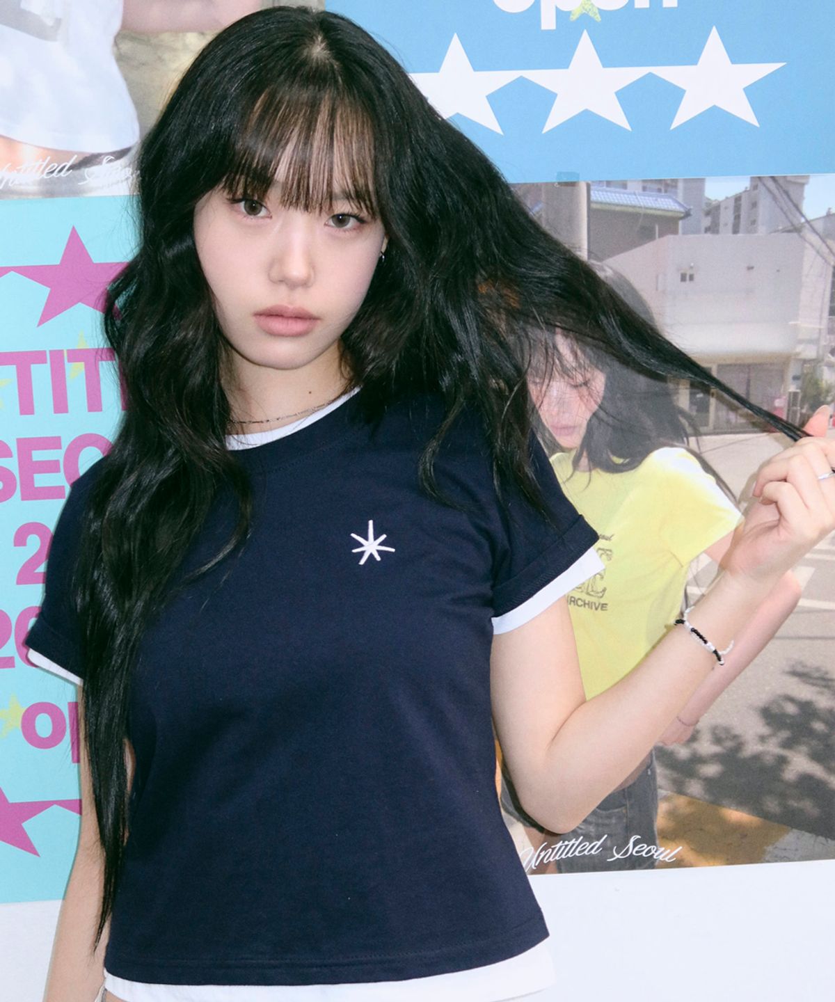 언타이틀 서울(UNTITLED SEOUL) 언타이틀 레이어드 크롭 반팔 네이비