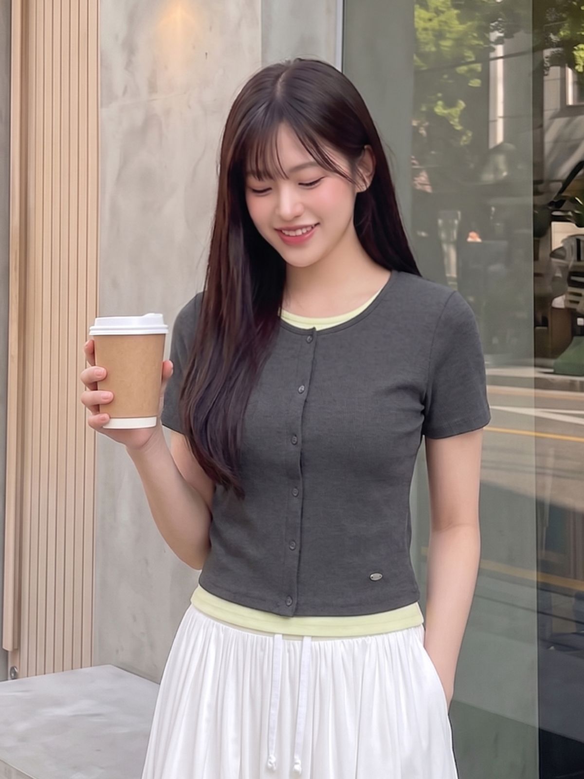 행텐(HANGTEN) 여성 웨일 가디건 레이어드 슬림 반팔 티셔츠_165(10570-131-426-69)