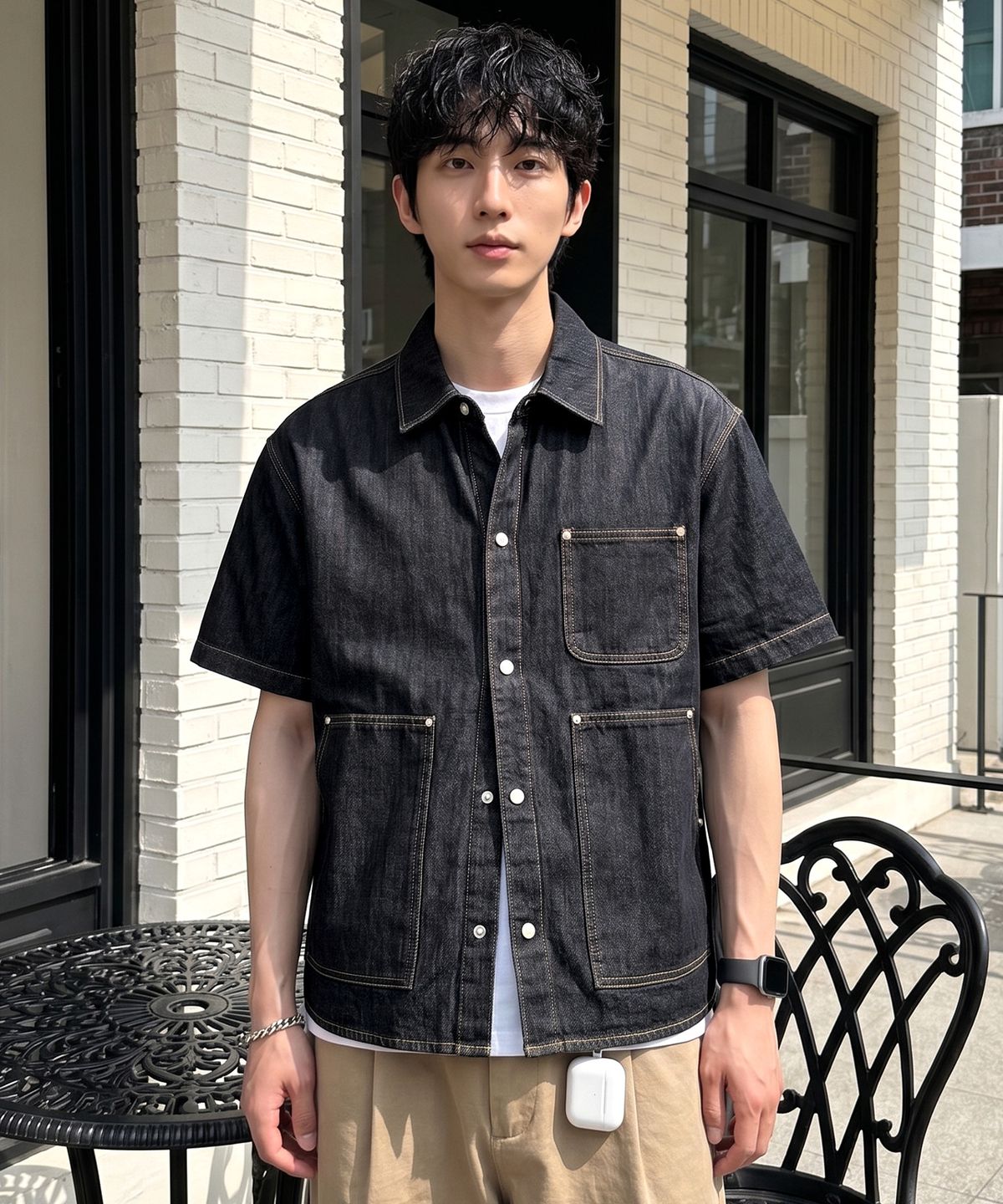 언더오프(UNDEROFF) 오버핏 포켓 데님 반팔 셔츠 블랙