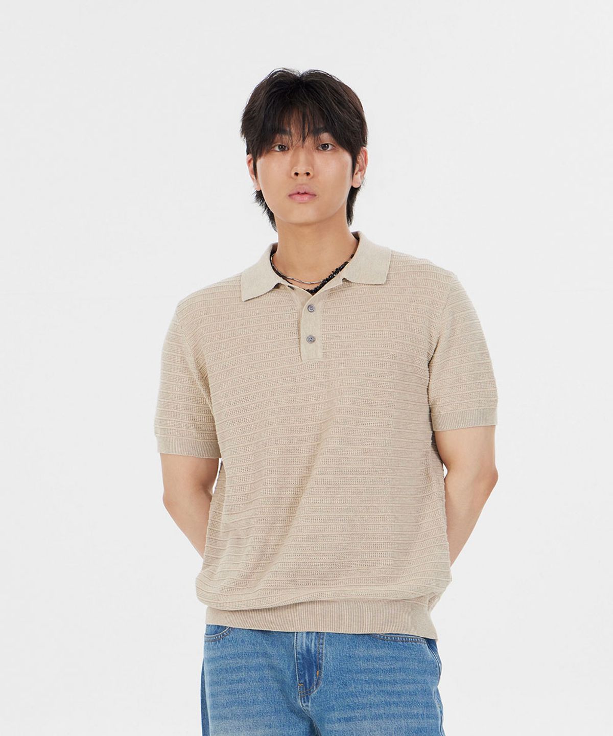 메이킷투(MAKEITTO) 스트라이프 텍스처 카라 니트 반팔 티셔츠_베이지
