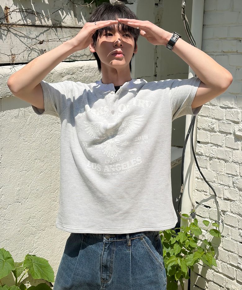 엠블럼 와플 헨리넥 반팔티 헤더 그레이